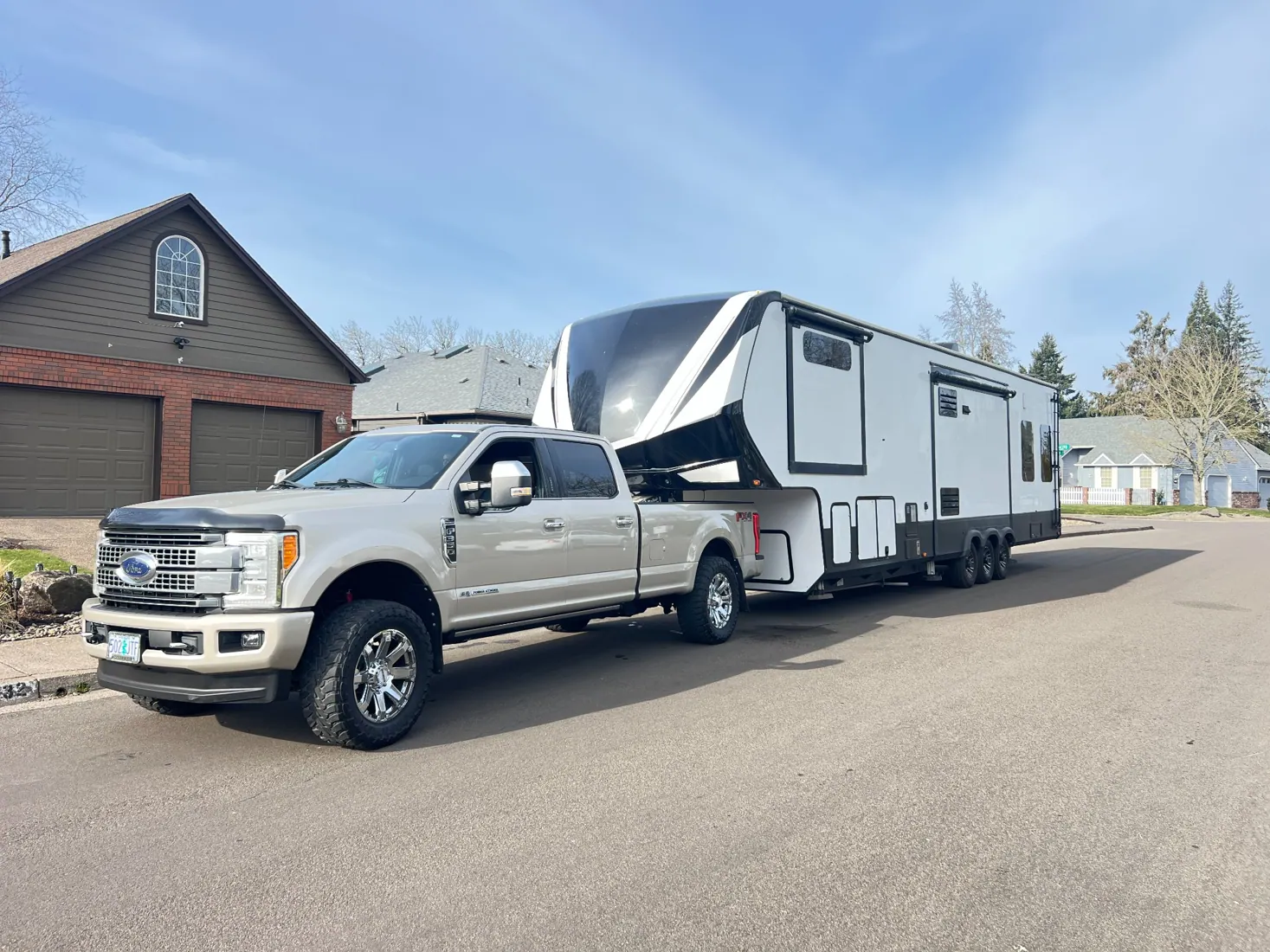 Our Ford F-350 towing our Grand Design fifth wheel